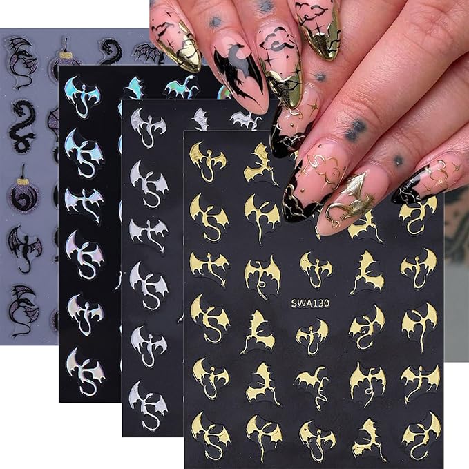 Halloween Nail Art Stickers Decals Metal Dragon Nail Decals Self-Adhesive Shiny Gold Silver Black Laser Dragon Nail Art Design Sticker Festival Fall Nail Stickers for DIY Manicure Decorations 4PCS