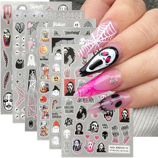 6 Sheets Halloween Nail Art Stickers Gothic Ghost Nail Decals Skull Pumpkin Spider Nail Design Horror Nail Stickers 3D Self-Adhesive Acrylic Nail Art Supplies for Women Girls DIY Halloween Manicure