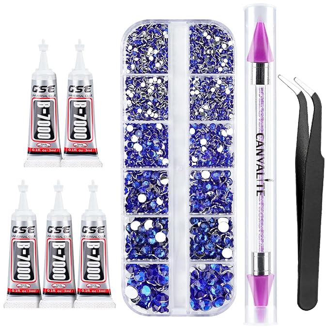 Canvalite 2784PCS Blue Rhinestones Flatback Gems, Nail Rhinestones Nail Art Gems with Glues, Pick Up Tweezers and Rhinestone Picker Dotting Pen, Nail Art Tools for Nails, Clothes, Face, Crafts