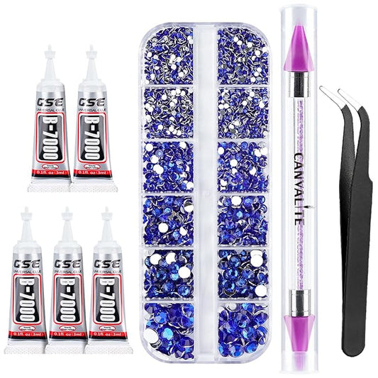 Canvalite 2784PCS Blue Rhinestones Flatback Gems, Nail Rhinestones Nail Art Gems with Glues, Pick Up Tweezers and Rhinestone Picker Dotting Pen, Nail Art Tools for Nails, Clothes, Face, Crafts