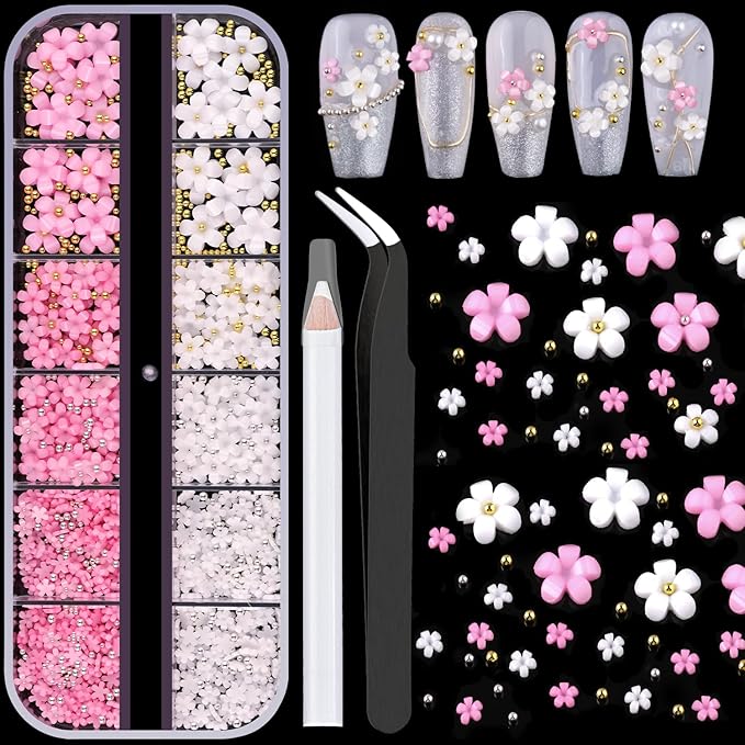 BELLEBOOST 3D Nail Flowers Charms,White Pink Acrylic Flower with Caviar Beads,Rhinestones for Nails 3D Nail Charms for Acrylic Nails for Manicure Salon DIY Nail Art Decor with Pickup & Dotting Tools