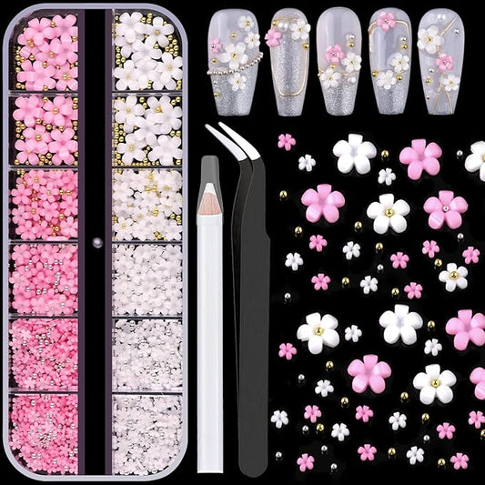 BELLEBOOST 3D Nail Flowers Charms,White Pink Acrylic Flower with Caviar Beads,Rhinestones for Nails 3D Nail Charms for Acrylic Nails for Manicure Salon DIY Nail Art Decor with Pickup & Dotting Tools