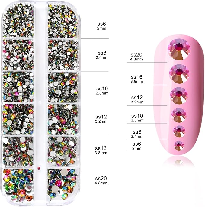 Nibiru 3992 Pieces Art Nail Rhinestones Flat Back Gems Round Crystal Rhinestones 6 Sizes with Pick Up Tweezer Vitrail Medium