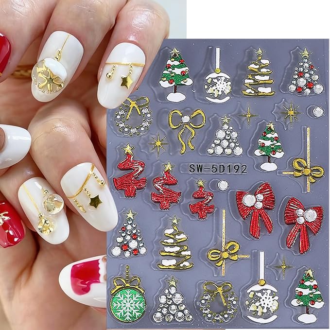 2 Sheets Christmas Nail Stickers for Nail Art Gold Snowflake Ball Nail Art Stickers Embossed Snow Christmas Tree Nail Decals 5D Self-Adhesive New Year Red Bow Xmas Wreath Nail Design Decals for Women