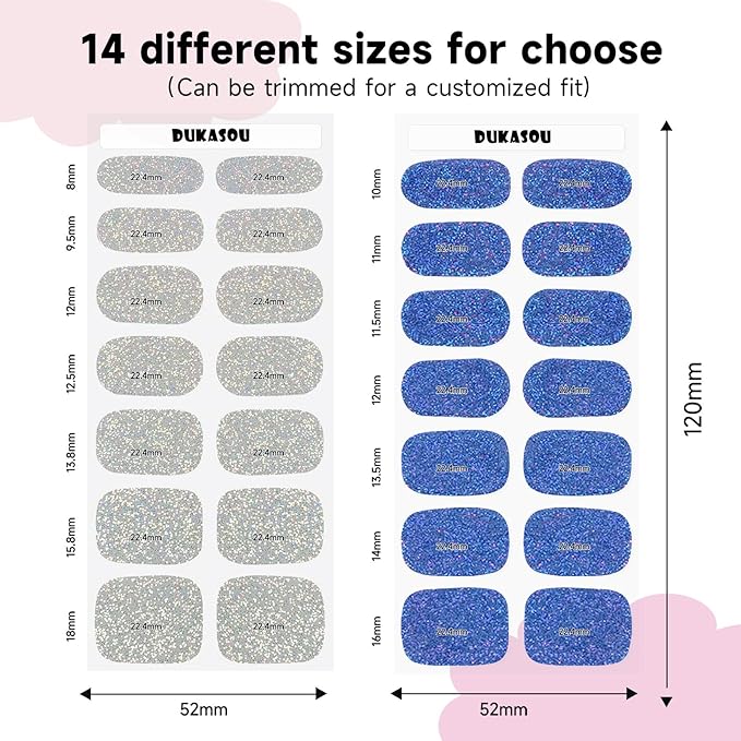 Semi Cured Gel Nail Strips 2 Set, (Glitter Silver/Blue) 56 Pcs Gel Nail Wraps,Stickers Works with Any UV/LED Lamps,Long Lasting,Salon-Quality, Easy to Apply