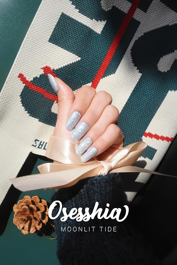 Semi Cured Gel Nail Strips, 20 pcs Nail Wraps, Glaze Stickers, Salon Quality French Manicure, Full Decal Gel Polish Strips, Long Lasting Holiday SCG, UV Lamp Required (Moonlit Tide)