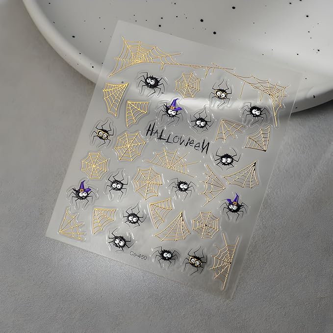 Halloween Nail Stickers Gold Nail Sticker for Nail Art 5D Self-Adhesive Gold Spider Web Nail Decals Spider Nails Supplies Decoration Accessories for Women and Girls