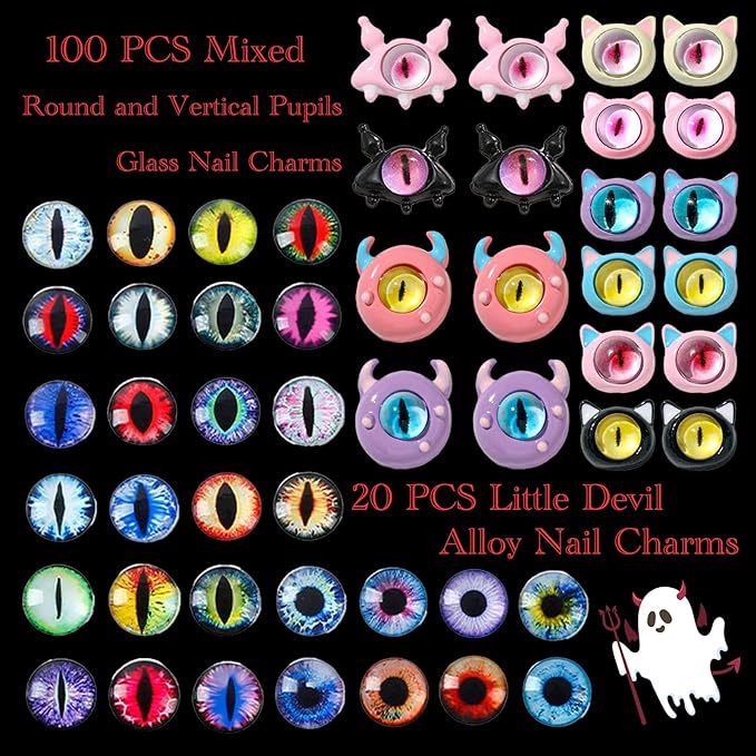 120PCS Devil Eyes 3D Nail Charms for Acrylic Nails,Multiple Colour Alloy Nail Gems Little Devil Nail Accessories, Nail Rhinestones for Nail Art Supplies Manicure Craft DIY