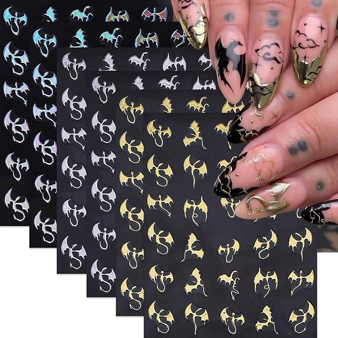 6Pcs Halloween Nail Art Stickers 3D Holographic Flying Dragon Nail Decals Self Adhesive Horror Bat Nail Stickers Gothic Bat Nail Supplies Halloween Holiday Decoration Nails Supply for Women DIY