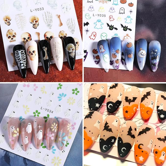 3Sheets Halloween Nail Art Stickers 3D Self-Adhesive Skeleton Hand Bones Nail Decals for Acrylic Nails Cute Ghost Flowers Designs Nail Stickers Pumpkin Bat Nail Decal for Women Nails Decor Supplies