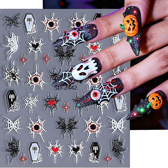 Halloween Nail Art Stickers, Cute Pumpkin Nail Art Decals 3D Self-Adhesive with Bat Skull Spider Web Cat Ghost Nail Design 4Pcs Halloween Nail Art Supplies for Women Nail Decoration