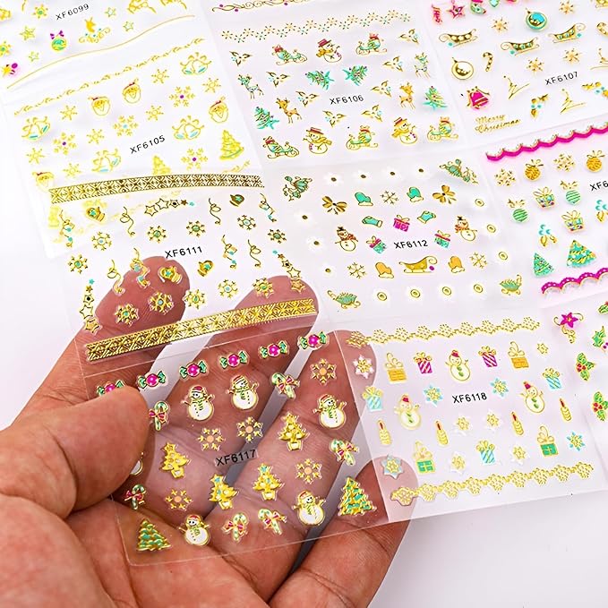 24 Sheets Christmas Nail Art Stickers Gold Snowflake Nail Decals 3D Self- Adhesive Pegatinas Uñas Snowman Elk Christmas Trees Nails Nail Supplies Nail Art Design Decoration Accessories for Women and G