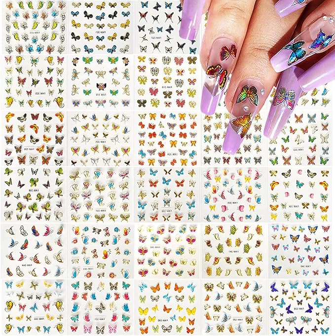 30 Sheets Butterfly Nail Art Stickers 3D Self-Adhesive Colorful Butterfly Nail Decals Cute Nail Accessories for Women Girls DIY Acrylic Nail Art Decorations