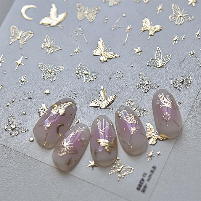 JMEOWIO 3D Embossed Gold Butterfly Nail Art Stickers Decals Self-Adhesive 5D Nail Supplies Nail Art Design Decoration Accessories 1 Sheets