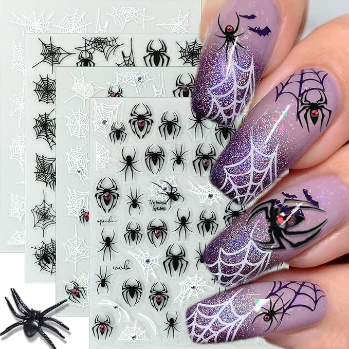 4 Sheets Halloween Nail Stickers for Nail Art Black White Spider Web Nail Decals 3D Self-Adhesive Spider with Red Rhinestones Nail Design Decals Goth Halloween Holiday Nails Supply for Women Manicure
