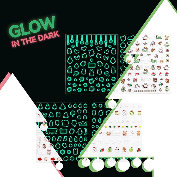 4 Sheets of 3D Christmas Nail Stickers - 258 Cute Nail Decals - Embossed Kawaii Nail Stickers for Kids | Cute Holiday Theme - Santa, Reindeer, Snowman, Gifts, Candy Cane | Glow in The Dark
