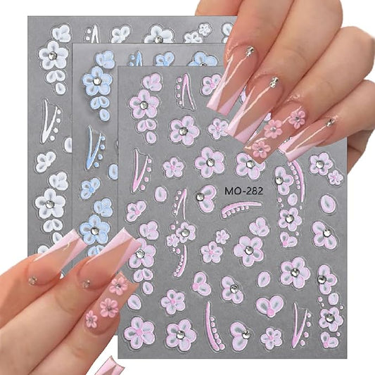 5D Embossed Crystal Diamond Flower Nail Art Stickers Small White Flowers Self-Adhesive Nail Decals Cherry Blossoms with Rhinestones Nail Design Supplies Cute Stickers for Women Girl Manicure 3PCS