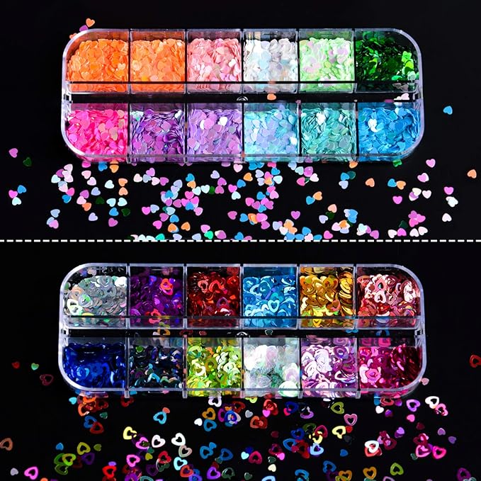 36 Colors Heart Glitter Nail Art Sequins, EBANKU Holographic Heart Shaped Nail Sequin Laser Heart Nail Art Flake Glitter Decals for Face Eyes Nail Art Decoration DIY Craft (3 Boxes)