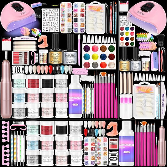 Major Dijit Acrylic Nail Kit with LED Lamp & Electric Drill - 12 Colors Acrylic Powder Monomer, Base/Top Coat, Tips/Glitter/Nail Charms | Nail Kit for Beginners with Everything