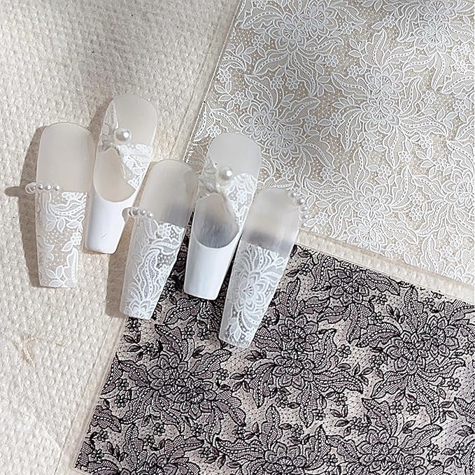 1 Sheets Embossed Lace Nail Decals for Nail Art Black White Flower Nail Stickers 5d Self-Adhesive Lace Flowers Nail Decals Fall Winter Nail Decoration for Women Nails Designs Accessories