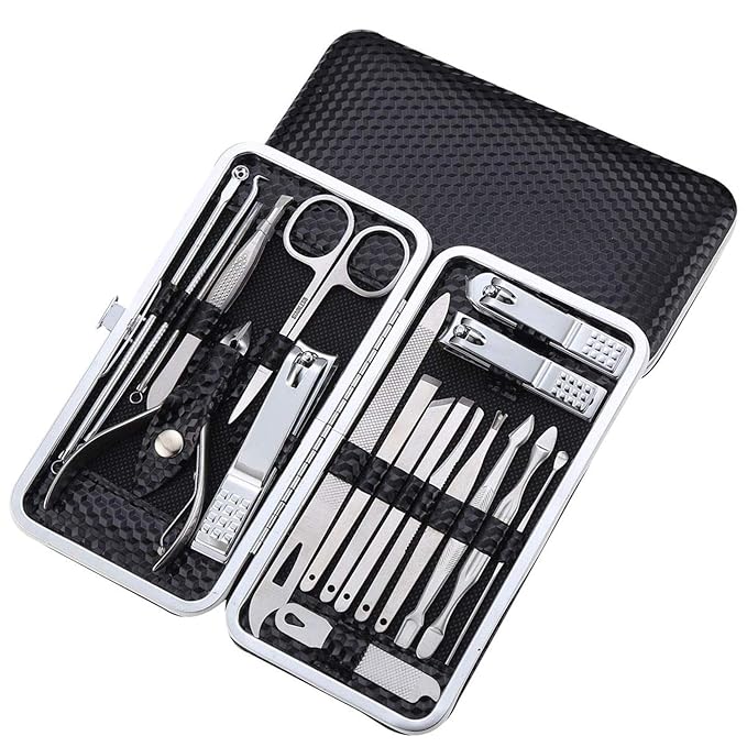 Manicure Set Pedicure Kit Professional 19 Pcs Nail Clipper for Men & Women Stainless Steel Sharp Cutter Grooming Nose Hair Scissors…Black Fingernails & Toenails with Portable Case (Black_19 pieces)