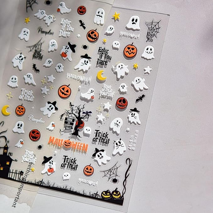 1Sheet Embossed 5D Halloween Nail Stickers Cute Ghost Pumpkin Nail Decals Self-Adhesive Halloween Spider Web Bats Nail Supplies Pegatinas Uñas Spider Nails Design for Women DIY Manicure Decoration