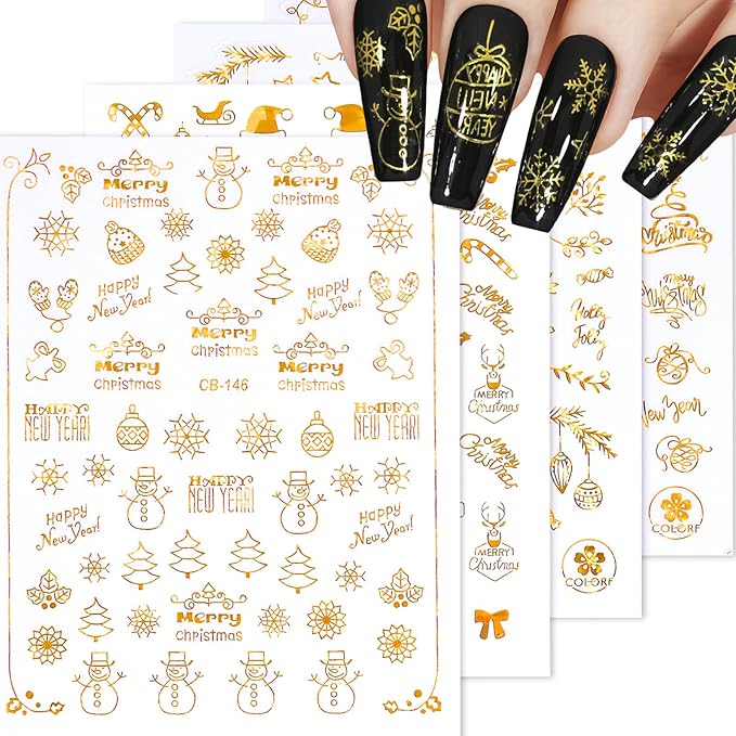 HNUIX Nail Stickers - 3D Christmas, Self Adhesive Nail Decals, Multi Pattern, Gold, 9 Sheets, for Nail Art