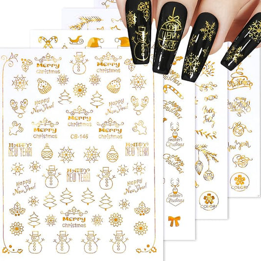 HNUIX Nail Stickers - 3D Christmas, Self Adhesive Nail Decals, Multi Pattern, Gold, 9 Sheets, for Nail Art