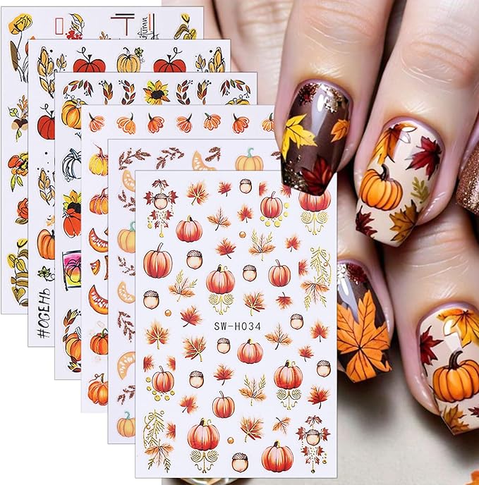 6 Sheets Fall Nail Stickers for Nail Art Autumn Maple Leaf Nail Art Stickers Pine Cones Flower Leaves Pumpkin Nail Decals 3D Self-Adhesive Holiday Nail Sticker for Women Thanksgiving Nails Designs