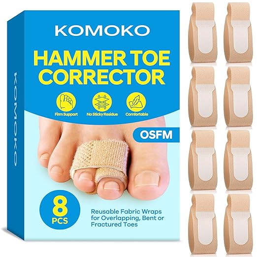 Komoko Hammer Toe Corrector for Women (8 Pack, OSFM, Beige), Hammer Toe Straighteners for Curled Toes, Soft Nylon Hammer Toes Corrector for Men, Adjustable & Reusable Toe Wraps for Daily Use