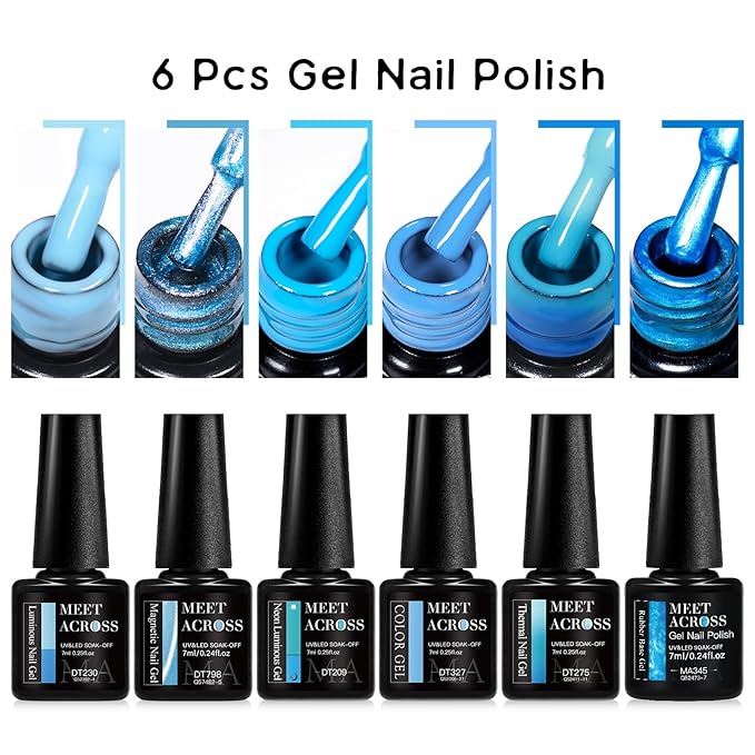MEET ACROSS Gel Nail Polish Set 6 Pcs Glitter Colors Gel Nail Kit Art Design Soak Off UV LED (SET-10, 6pcs)