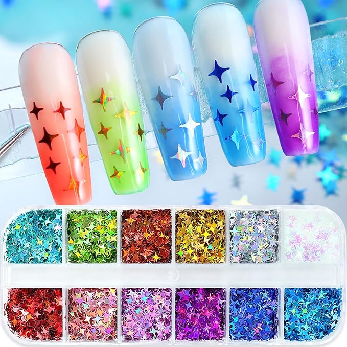 AddFavor 4 Boxes Holographic Nail Glitter Mixed Butterfly Heart Star Sequins Iridescent Flakes Fruit Nail Slice for Nail Art Decorations Supplies
