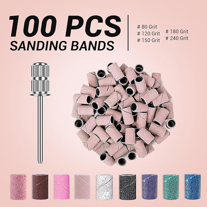 MelodySusie 100 Pcs Nail Drill Bits Sanding Bands for Nail Drill 150 Medium Grit Nail File Sanding Bands for Acrylic Nails Gel Manicures and Pedicure