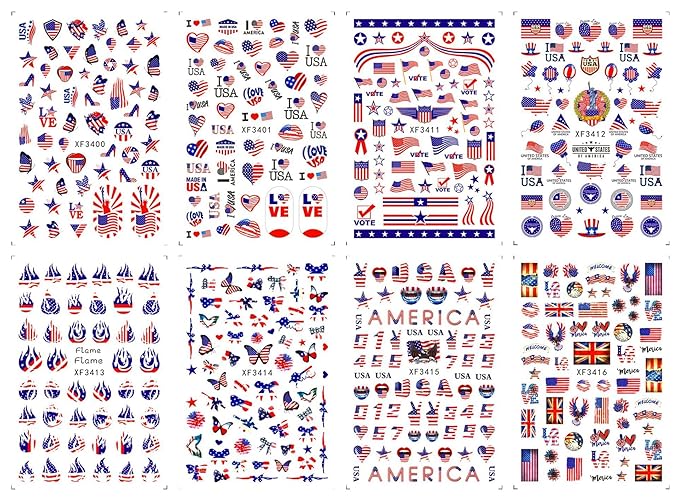 8Sheets 4th of July Nail Art Stickers Decals Red Blue White American Flag 3D Self-Adhesive Nail Decals Flame Butterfly Heart Designs Independence Day Nail Decorations DIY Nail Supplies for Women Kids
