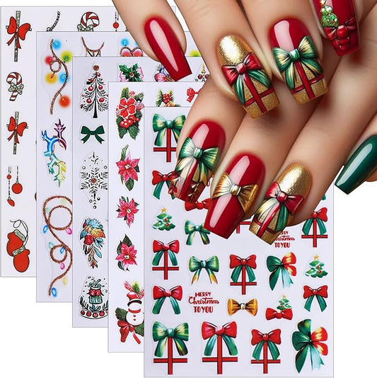 Christmas Nail Art Stickers 3D Self-Adhesive Holly Sprig Bow Snowman Glitter Xmas Tree Designs Nail Stickers Santa Claus Elk Flower Nail Decal for Women DIY New Year Manicure Decoration 5 Sheets