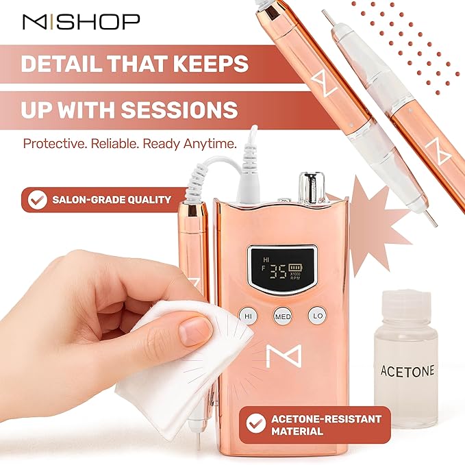 M GEM Brushless Nail Drill 35K RPM | Professional Cordless Efile Machine | Rechargeable Electric Nail File with Bits | Portable Quiet Low Vibration Tool for Acrylic, Gel, Natural Nails (Metallic RG)