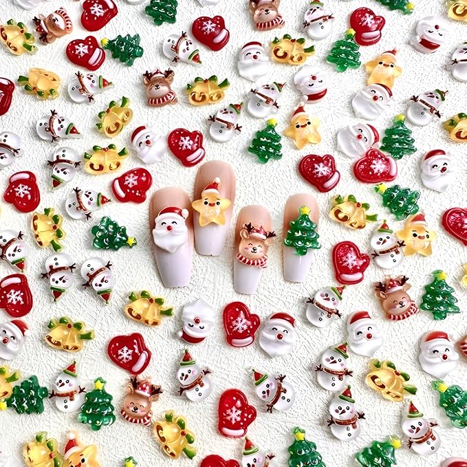 70 Pcs Santa Claus Elk Christmas Tree Snowman Acrylic Nail Art Rhinestone Charms Decoration for Women Girls