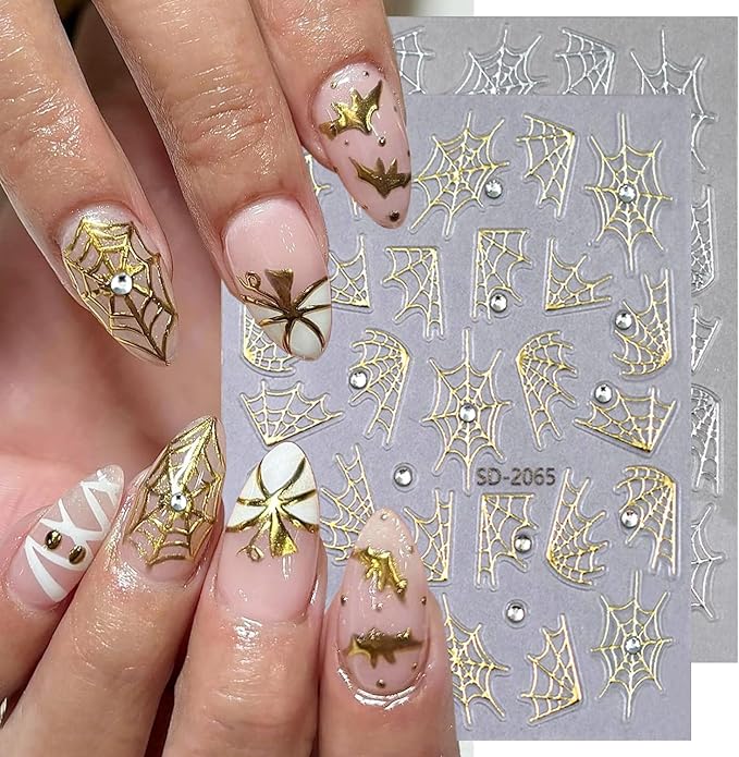 2 Sheets Halloween Nail Stickers for Nail Art 5D Embossed Self-Adhesive Spider Web Nail Art Stickers Black Silver Gold Glitter Spider Web with Diamond Nail Design Halloween Nail Decals for Women Nails