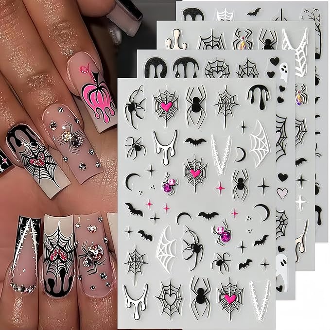 8 Sheet Halloween Nail Stickers Ghost Bat Spider Nail Decals 3D Self-Adhesive Spider Web Spooky Bat Spider Nail Art Stickers Design Gothic Nail Art Supplies for Holiday Acrylic DIY Nail Decoration