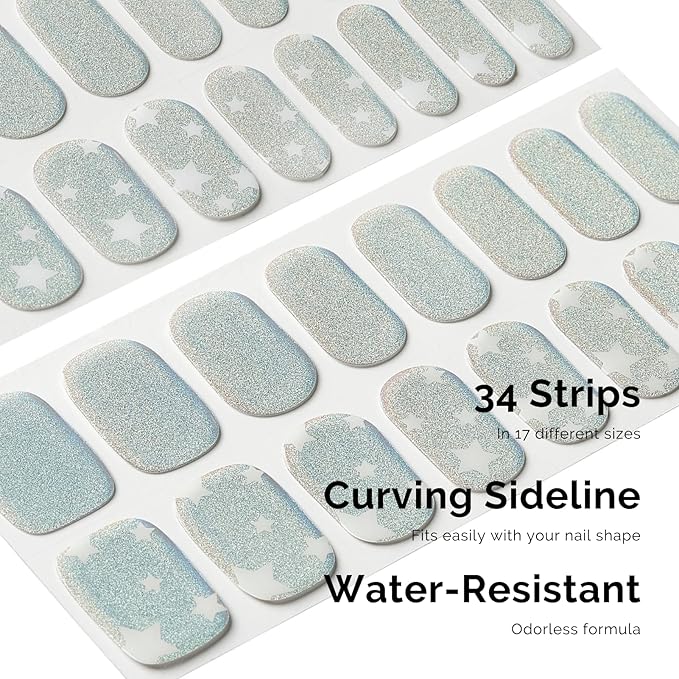 NAILOG Semi Cured Gel Strips, 34 pcs Salon-Quality Stickers, Long Lasting Wraps for Women With Soft Gel Finish | Shimmery Stars