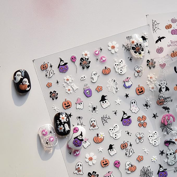 2Sheets Halloween Nail Art Stickers 5D Embossed Black Cat Skull Nail Decals Self-Adhesive Ghost Pumpkin Nail Stickers for Acrylic Nails Spider Web and Spider Nail Decal for Women Nails Decor Supplies