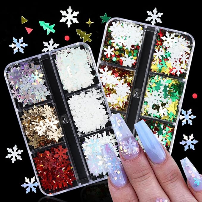 Winter Christmas Nail Art Glitters Sequins, 3 Boxes Holographic Multicolor Glitter Stickers Decals, Christmas Snowflake Letter Star Tree Lrregular Shapes Designs for Manicure DIY Xmas Decorations