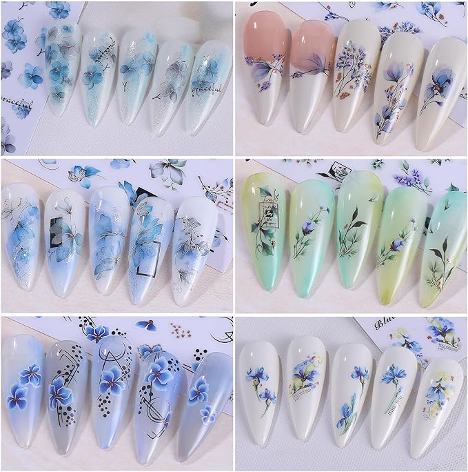Ink Flower Nail Art Stickers 12 Sheets 3D Self-Adhesive Nail Decals with Tweezers Watercolor Floral Leaves Stickers Charming Blossom Flowers Designs Nail Art Supplies Manicure Accessories for Women