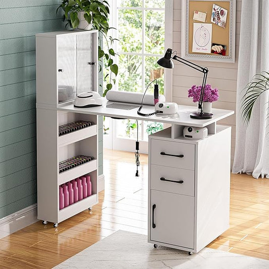 Manicure Table Nail Desk for Nail Tech w/Glass Door Storage Cabinets & Wrist Rest, Beauty Salon Nail Supplies Decor Workstation Acetone Resistant, with Dust Collector (White)