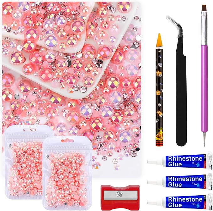 60g Pale Pink Flat Back Pearls Rhinestones for Crafts Mixed Size 3mm-10mm AB Color Round Half Pearls Flatback Pearl Beads and Resin Rhinestones Set for Face Art with Gle