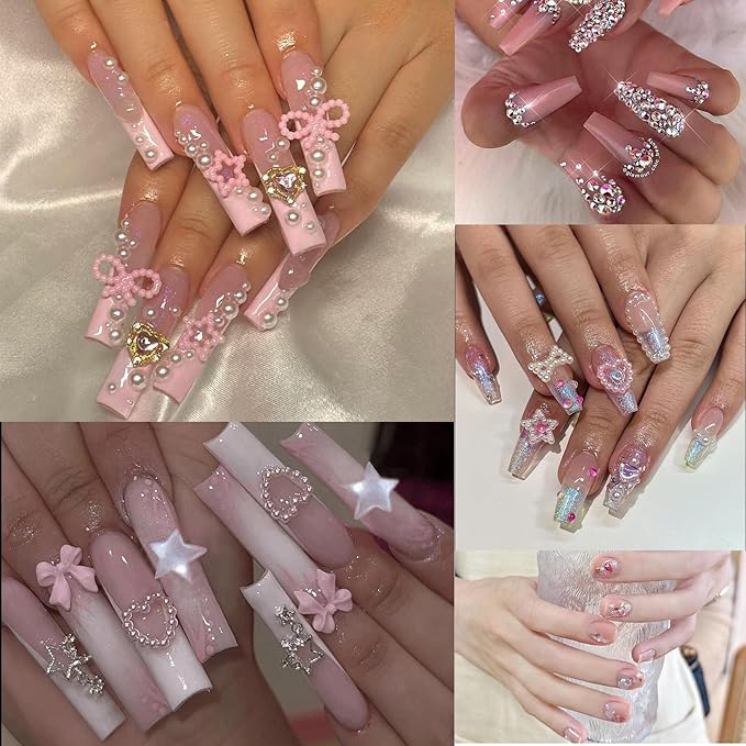 3D Nail Charms and Gems Set, Color Candy Bow Star Heat Nail Art Charms,Flatback AB Gems+Gold Bow Nail Studs+Gravel Diamond,Mixed Nail Rhinestones Manicure Kit Nail Art DIY Decoration with Pickup Tools