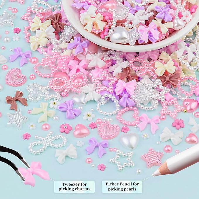 3D Nail Charms for Coquette Nails Design Set 4, Colorful Nail Bows + Assorted Pearl Heart Star Moon Bowknot Cute Nail Jewels + 3D Flower Charms and Nail Pearls, with Picker Tools for Nail Decor