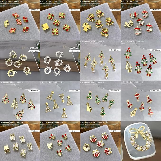 15Pcs Christmas Nail Charms for Nails Art Bling Xmas Trees Nail Rhinestones Luxury Metal Gift Bell Apple Nail Art Charms Design 3D Alloy Nail Jewelry Silver Green Red Nail Gems for Women Winter DIY
