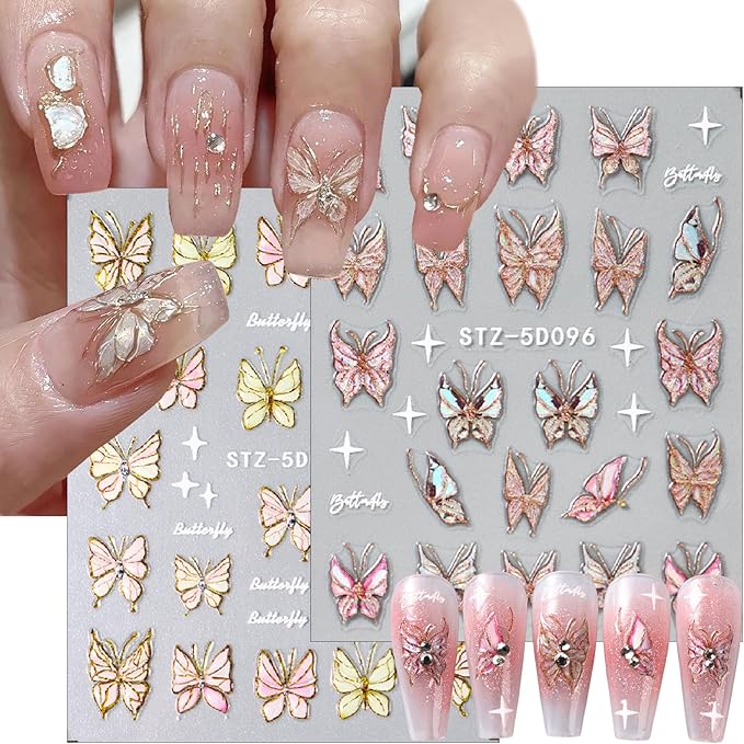 Aurora 2 Sheets Gradient Glitter Butterflies Nail Art Stickers Decals for Women DIY Manicure Accessories