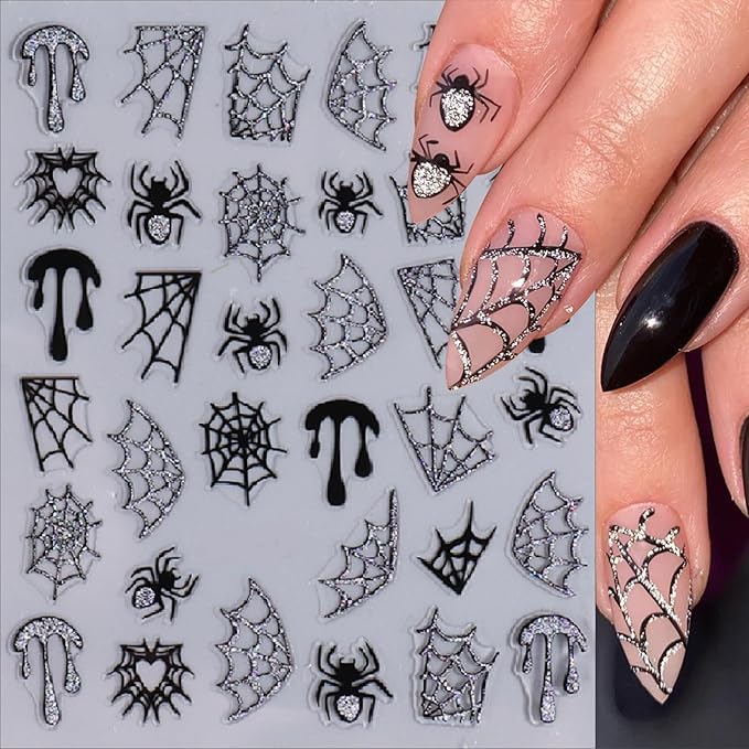 8 Sheets Halloween Nail Art Stickers 3D Self-Adhesive Halloween Nail Decals Golden Silver Black Red Horror Web Face Nail Art Supplies Glitter Spider Web Nail for Women Girls DIY Manicure Decoration